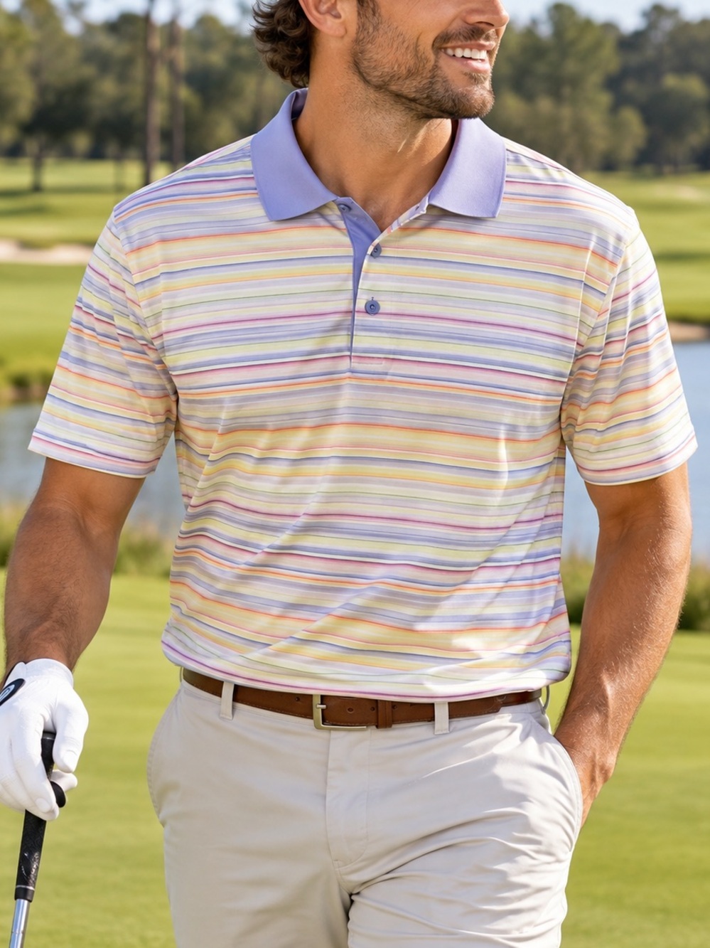 Bugatchi Uomo Men’s L Mercerized Egyptian Cotton Pastel Stripe Polo Shirt